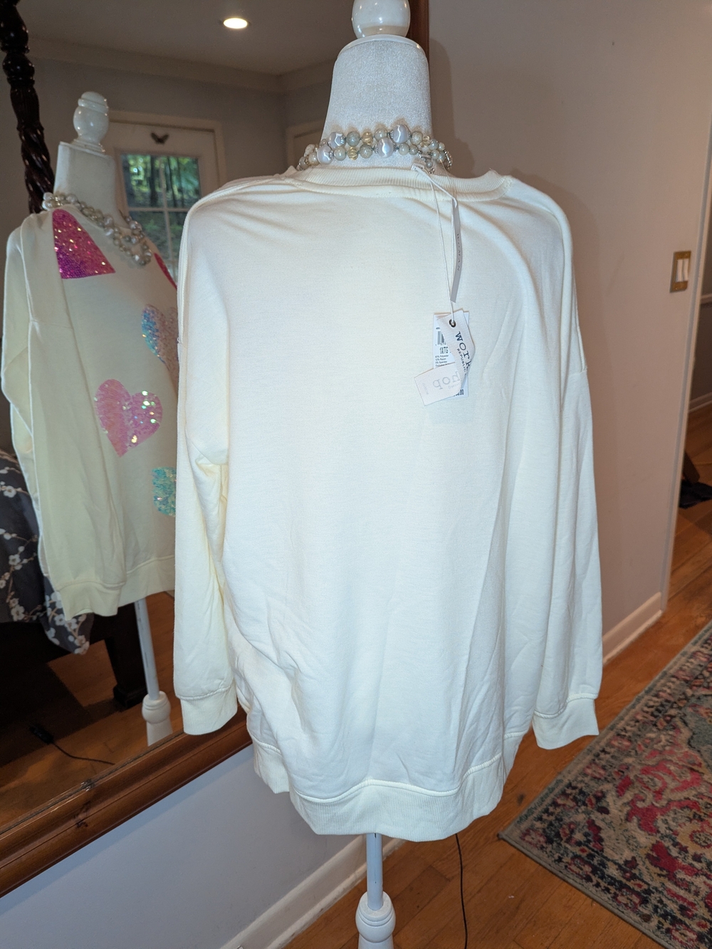 Oversized Sequin Heart Crewneck Sweater - Ivory with Pink & Turquoise Hearts - Picture 4 of 13